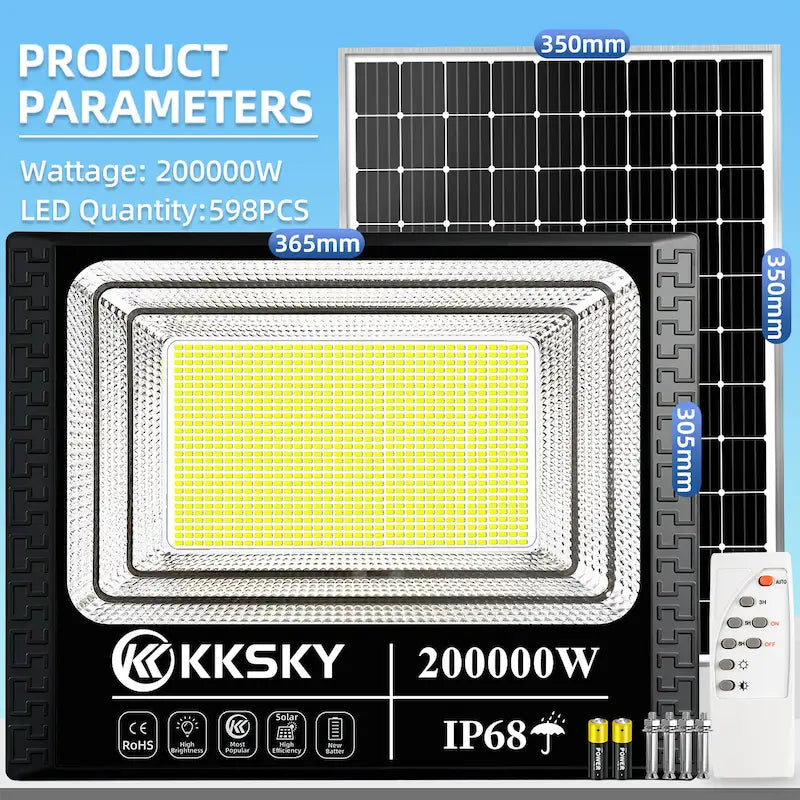 200000W KKsky IP68 outdoor solar flood light,598pcs LED, dimension parameters, solar panel, remote controller and mounting kit