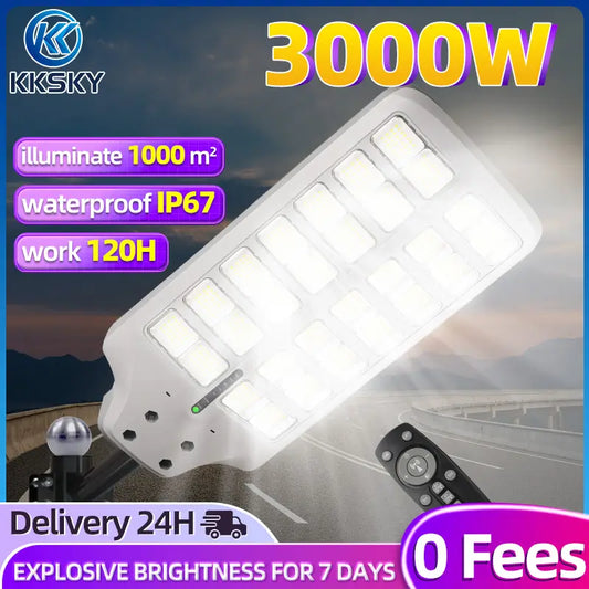3000W solar street light outdoor IP67 waterproof heavy duty solar lamp with solar panel, remote control, illuminate up to 1000 square meters