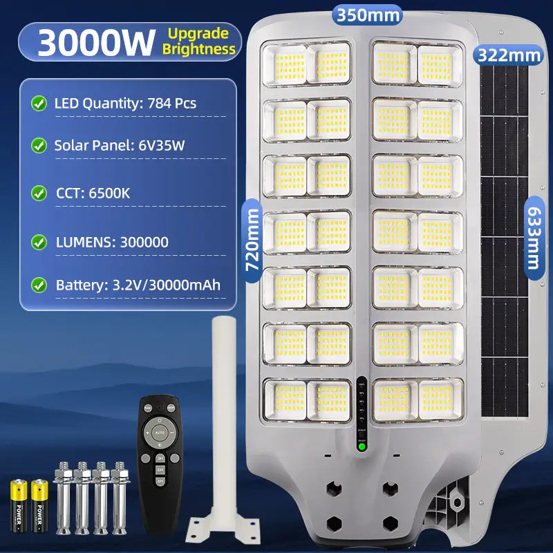 3000W solar street light specs sheet,784 LED beads,30000mAh large battery,6V35W solar panel,6500K daylight, remote control included
