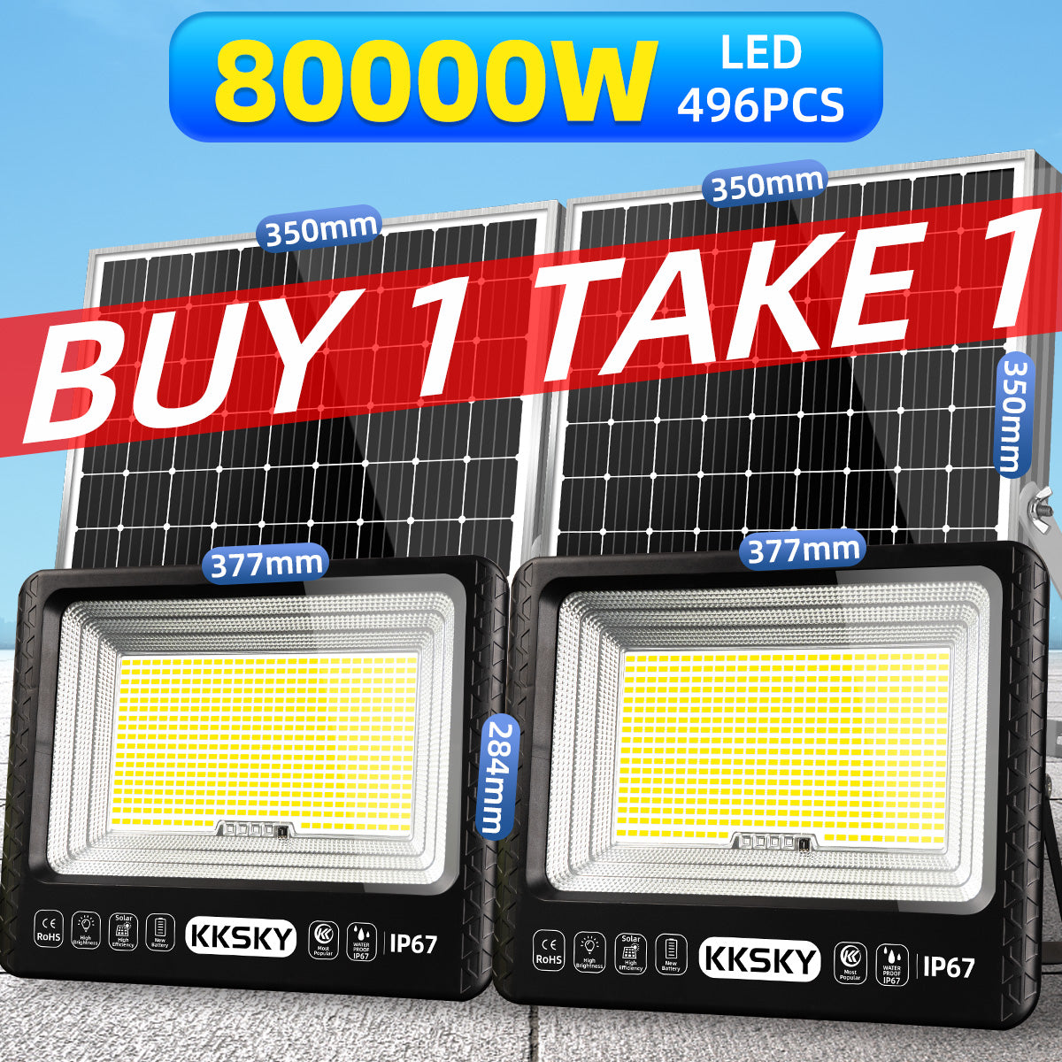 KKSKY Solar LED Flood Light Outdoor Waterproof IP67 Heavy Duty with Solar Panel Buy 1 Take 1 Street Lamp for Garden Yard Street Patio