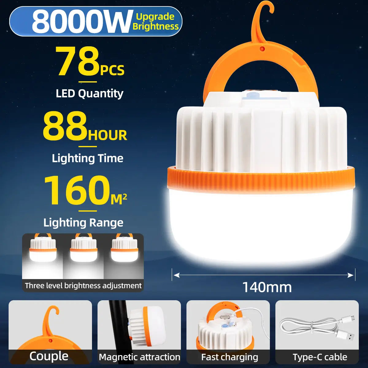 8000W high brightness rechargeable tent camping light lantern,78pcs LED beads,88hrs long runtime,160㎡ lighting area,magnetic suction & hanging hook,3‑level brightness