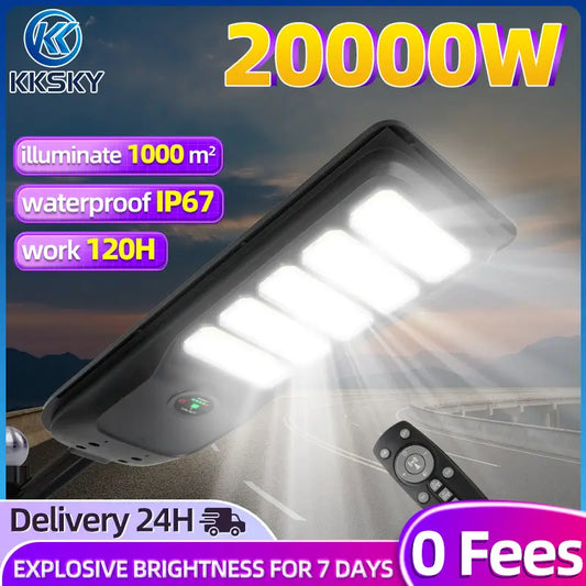 Heavy duty solar street light outdoor waterproof LED lamp, 20000W, IP67 waterproof, illuminate up to 1000m², long working hours with remote control