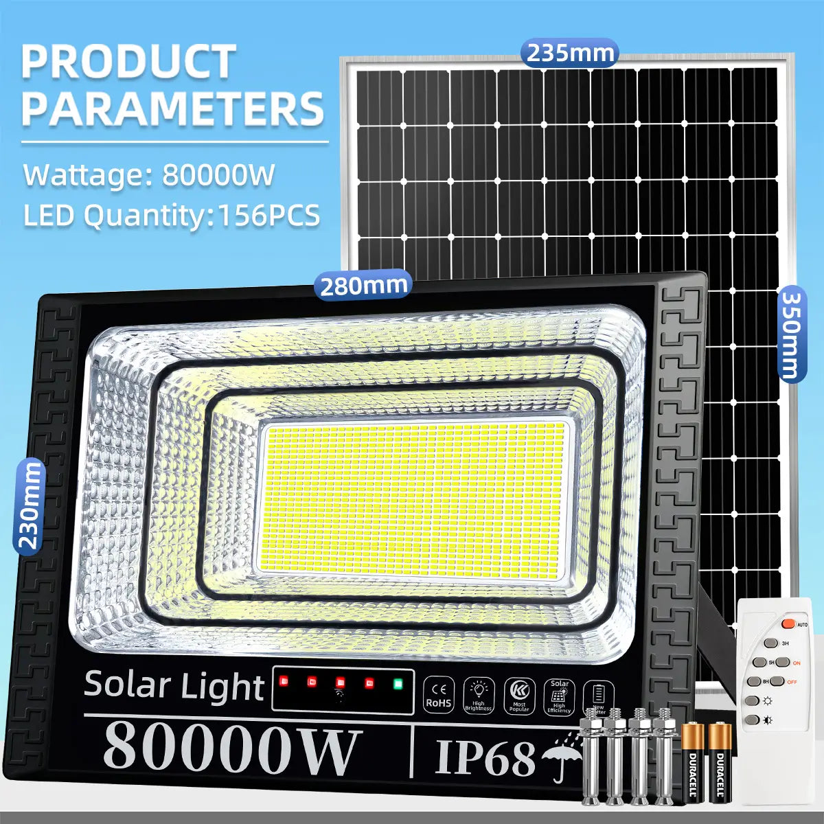 KKSKY 80000W Solar LED Flood Light, IP68 Waterproof Parking Lot Light, High Brightness for Large Outdoor Spaces