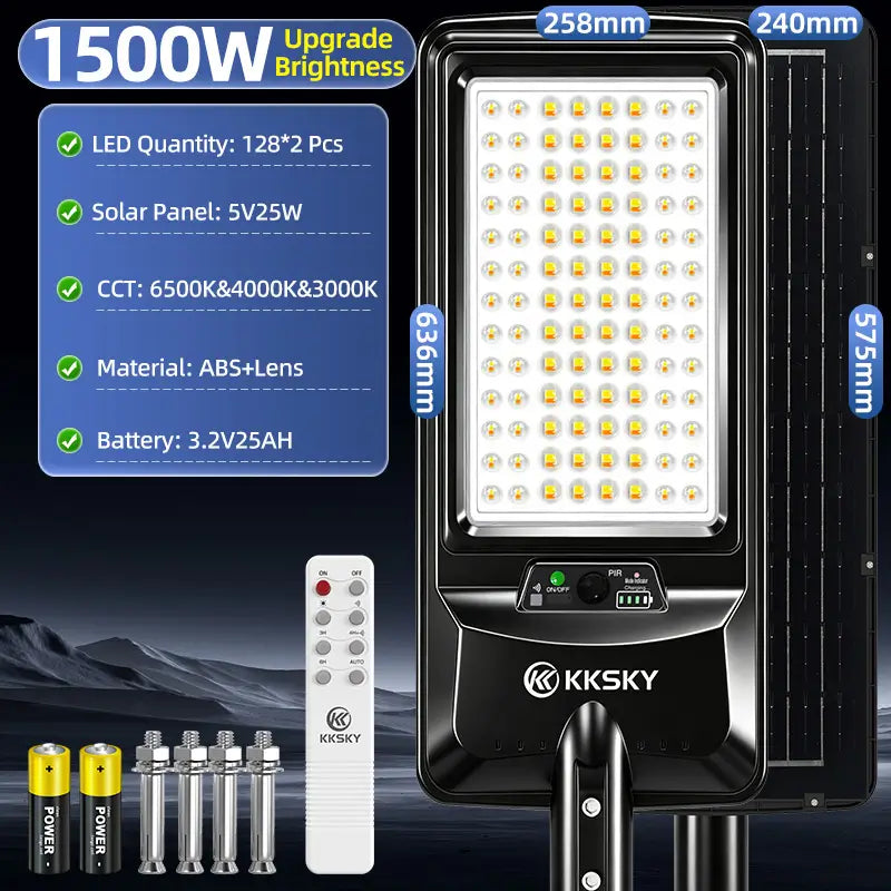 1500W KKSKY solar street light specifications,large solar panel,high bright LED beads,PIR sensor,heavy duty outdoor street light