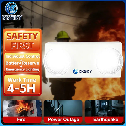 KKSKY twin head LED emergency light safety first graphic, 4-5 hours working time for fire, power outage and earthquake emergency lighting