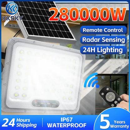 KKSKY Solar Lights Outdoor Waterproof IP67 Heavy Duty Solar Street Lights LED Floodlight with radar motion sensor and remote control, 24 hours outdoor lighting