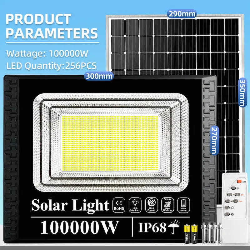 100000W IP68 waterproof solar flood light for outdoor,256pcs LED, product size chart with solar panel, remote and screw accessories