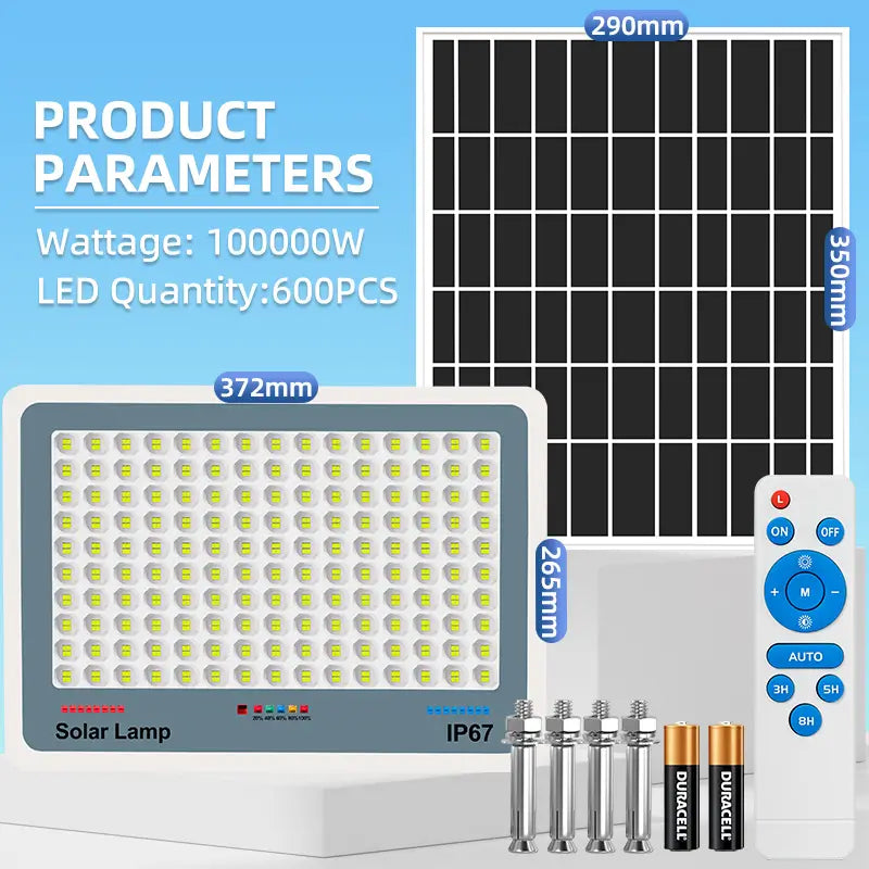 100000w solar LED flood street light full product specifications and dimensions, complete mounting hardware and remote control kit