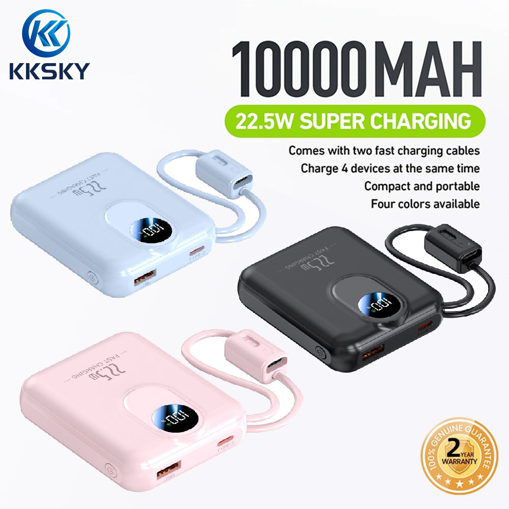 KKSKY PD22.5w Portable Powerbank Fast Charging 10000mah Original 2.1a Quick Charge Dual Input & Usb Output Compatible For Smartphones Built With 2 Cables Type-c/Lighting