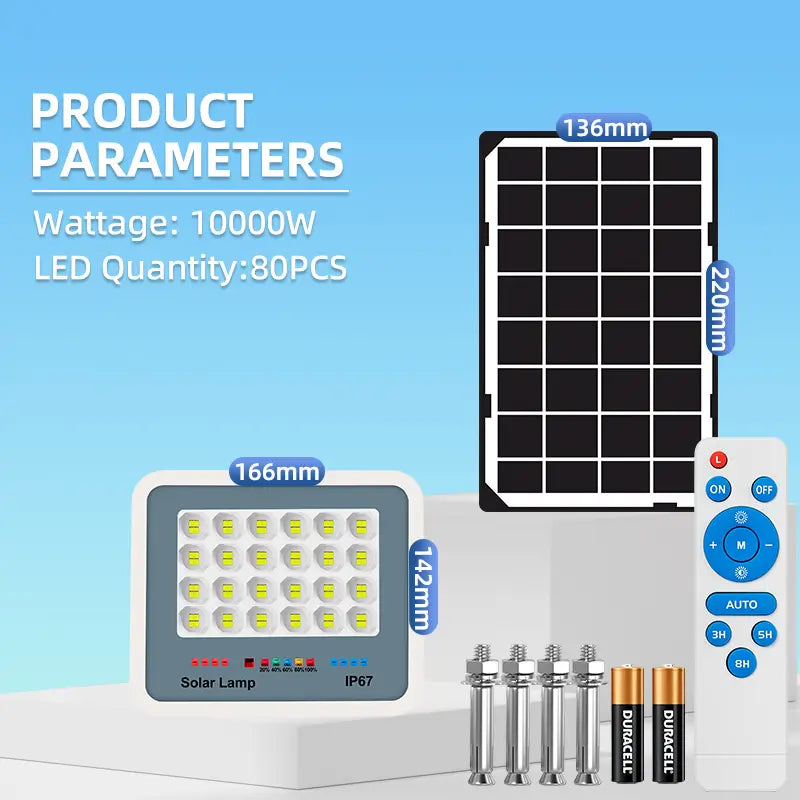10000w solar flood street light product parameters, dimension drawing, installation screws and remote control accessories, outdoor solar light