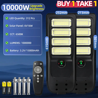 10000W solar street light buy 1 take 1 promo,312pcs LED chips,15000mAh battery, remote and mounting screws