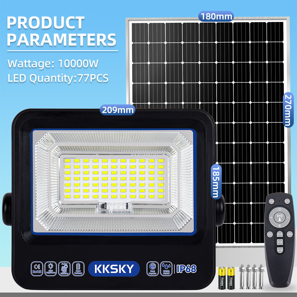 10000W solar street lights outdoor IP68 waterproof product parameter dimension chart with remote control
