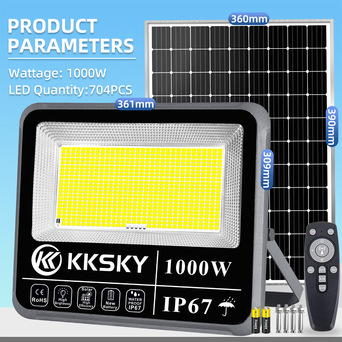 KKSKY original solar lights aluminum heavy duty with solar panel outdoor waterproof IP67 1000 watts