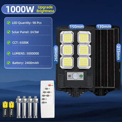 1000W all‑in‑one solar street light full specifications, dimension, led quantity and complete accessories display