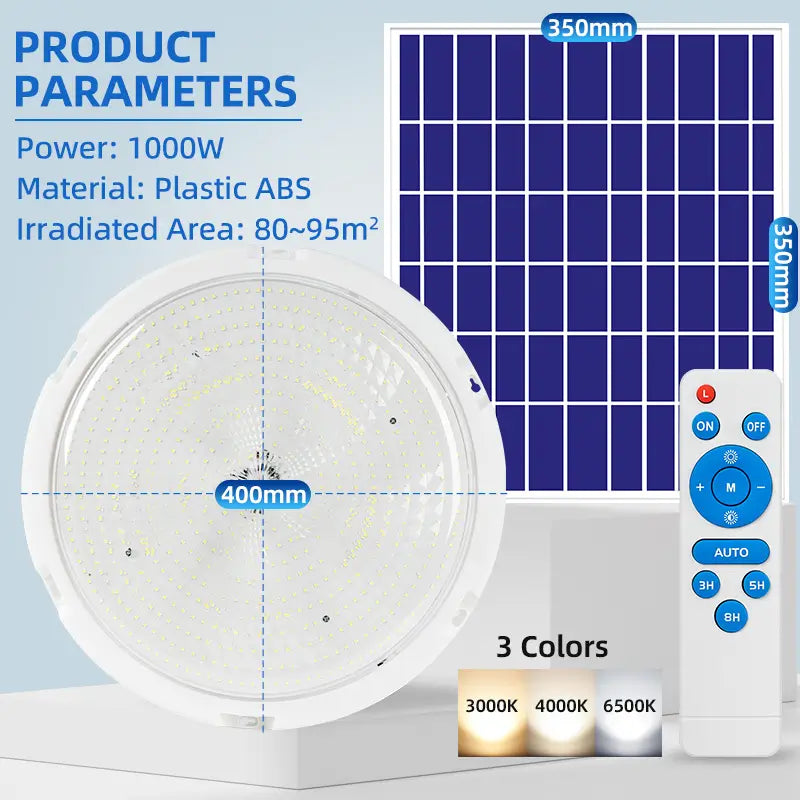 1000W solar ceiling light with separate solar panel and remote controller, 3 color temperature, ABS plastic, lighting area 80~95 sqm, product specification chart