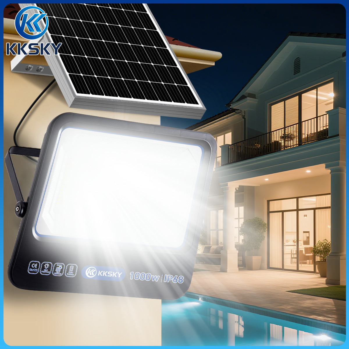 1000W solar street lights outdoor IP68 waterproof installed on villa wall beside swimming pool outdoor lighting