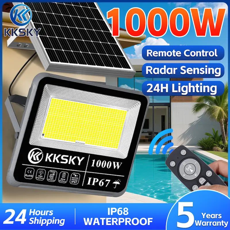 1000W solar flood light outdoor waterproof IP67, radar motion sensor remote control heavy‑duty solar street light 5‑year warranty