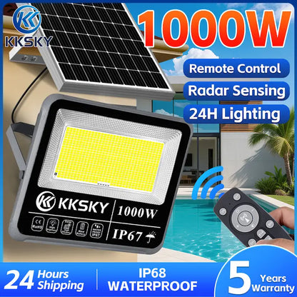 1000W solar flood light outdoor waterproof IP67, radar motion sensor remote control heavy‑duty solar street light 5‑year warranty
