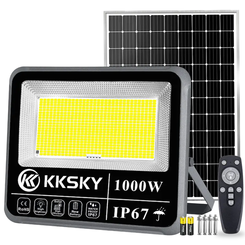 1000W solar LED flood light with separate solar panel, remote control and mounting screws, IP67 waterproof outdoor solar floodlight for garden, warehouse and barangay, white background