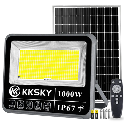 1000W solar LED flood light with separate solar panel, remote control and mounting screws, IP67 waterproof outdoor solar floodlight for garden, warehouse and barangay, white background