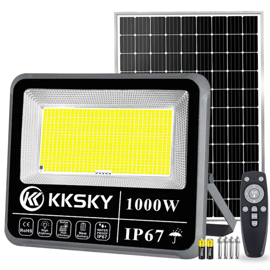 1000W solar LED flood light with separate solar panel, remote control and mounting screws, IP67 waterproof outdoor solar floodlight for garden, warehouse and barangay, white background