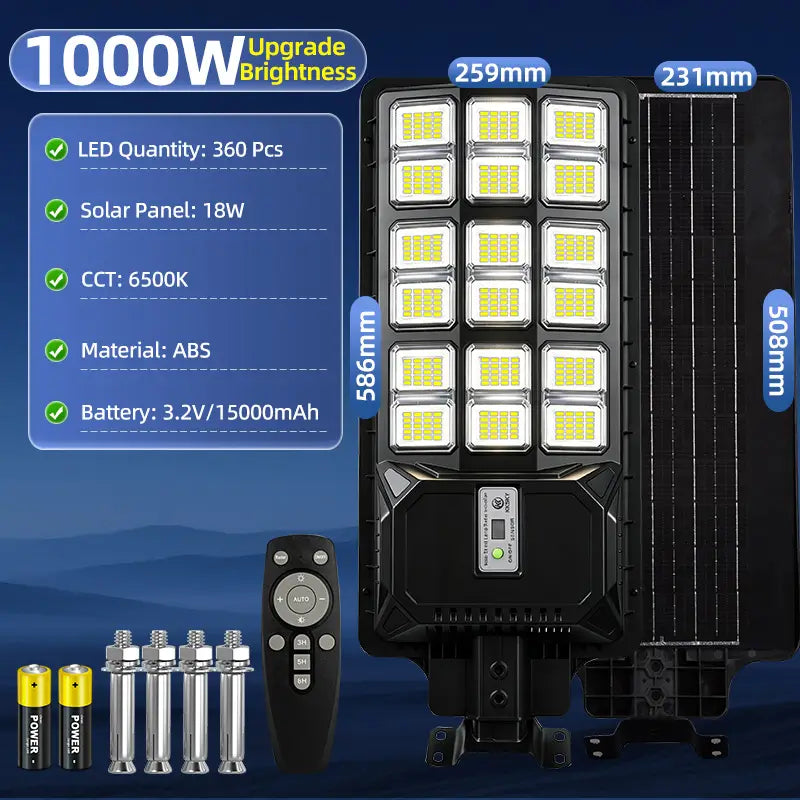 1000W high brightness solar street light specifications,360pcs LED,15000mAh battery, solar panel, remote controller and mounting hardware