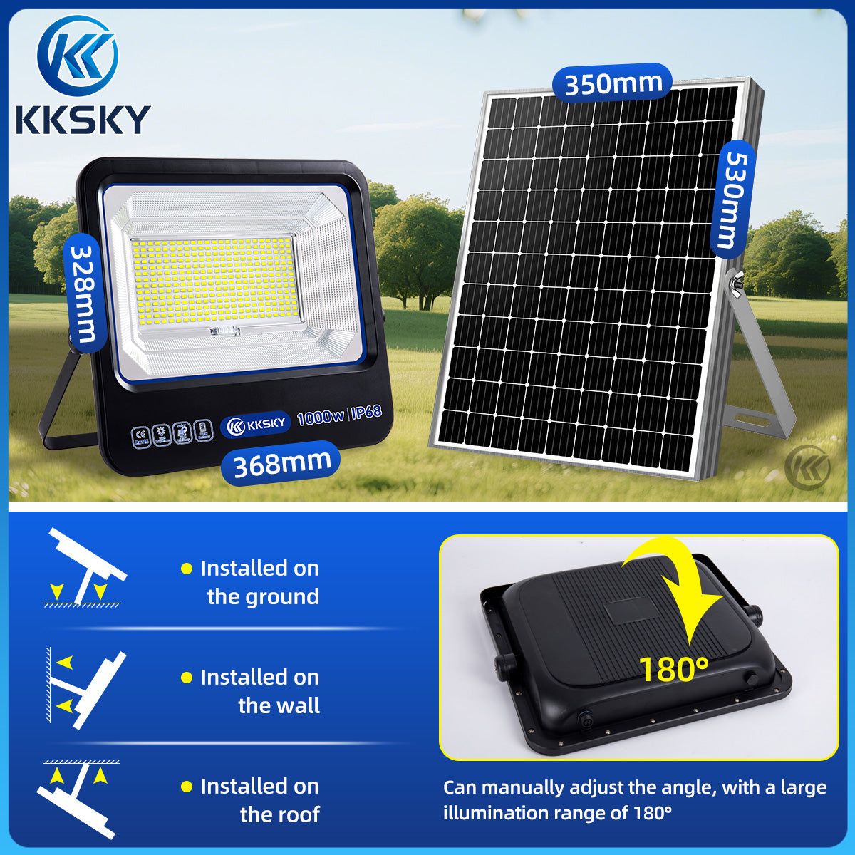 1000W solar street lights outdoor IP68 waterproof dimension diagram,180°adjust bracket wall roof ground mounting