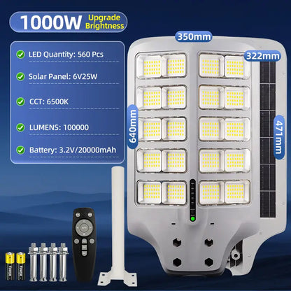1000W solar street light with specs, 560 pcs LED, 20000mAh battery, 6V25W solar panel, 6500K CCT, remote control and mounting hardware