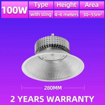 100W LED high bay light dimension specification, mounting height 4‑6 meters coverage 30‑55m² industrial lamp