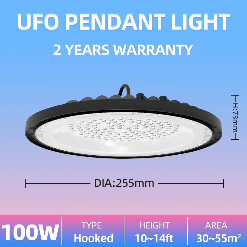 100W UFO pendant high bay light dimension specs, diameter 255mm hooked type industrial ceiling lamp