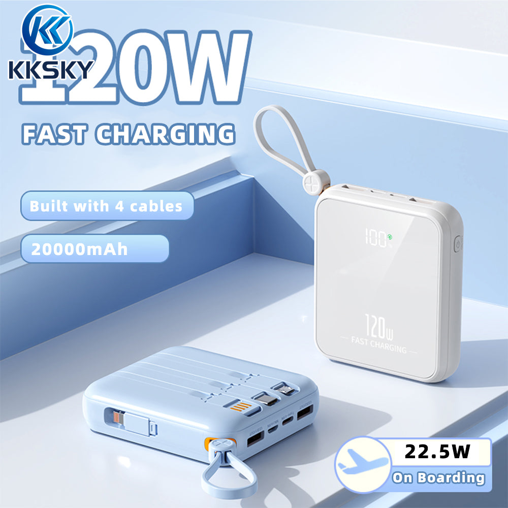 KKSKY 20000mAh Powerbank Original 2.1A Quick Charge Built Within 4 Cables Dual Input & Type c Output Compatible for iphone Smartphones