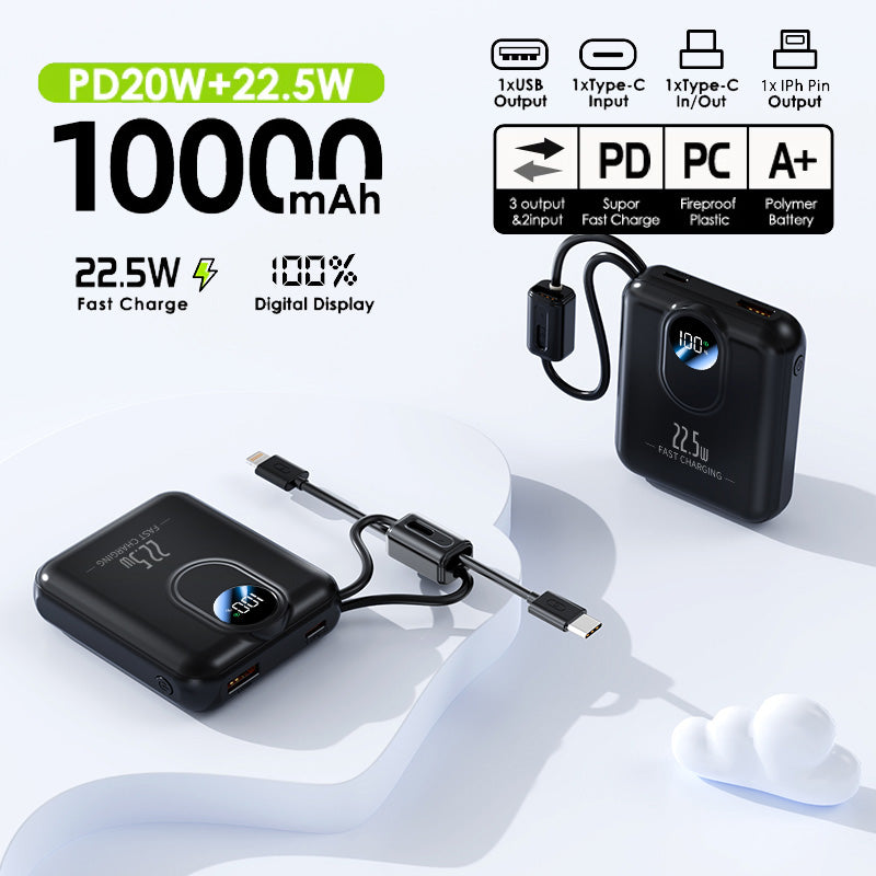 KKSKY PD22.5w Portable Powerbank Fast Charging 10000mah Original 2.1a Quick Charge Dual Input & Usb Output Compatible For Smartphones Built With 2 Cables Type-c/Lighting