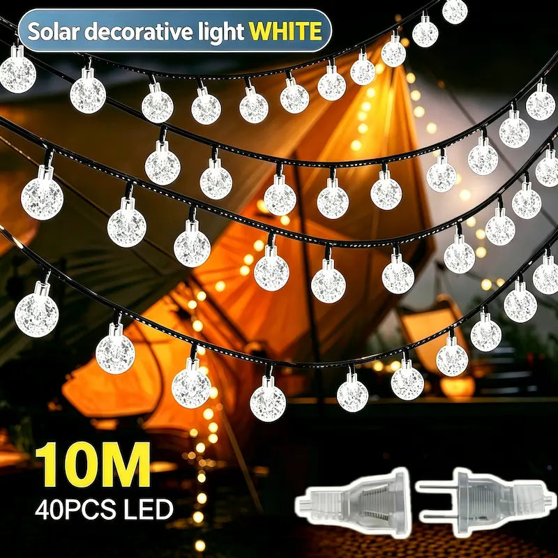 10M 40 pcs LED cool white crystal bubble solar string lights, solar powered globe fairy lamps for indoor and outdoor holiday decoration