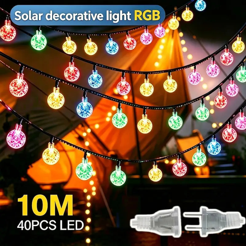 10M 40 pcs LED RGB multicolor crystal bubble solar string lights, waterproof outdoor decorative fairy lights for patio garden camping ambient lighting