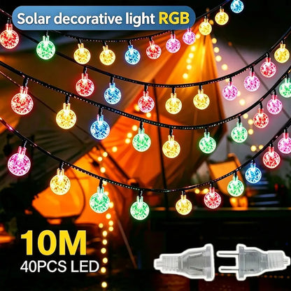 10M 40 pcs LED RGB multicolor crystal bubble solar string lights, waterproof outdoor decorative fairy lights for patio garden camping ambient lighting