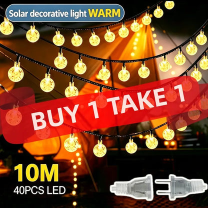 10M 40LED warm white crystal bubble globe solar string lights, solar powered fairy lights buy 1 take 1 offer, backyard tent holiday decorative lighting