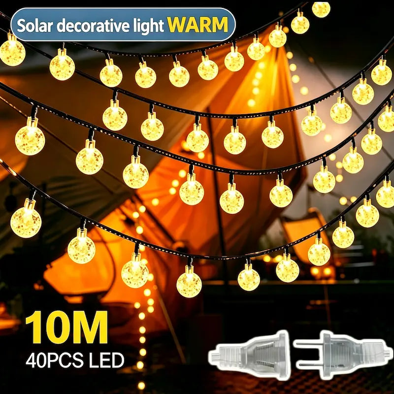 10M 40pcs LED warm white crystal bubble solar string lights, solar outdoor globe fairy lights for home, party and wedding decoration