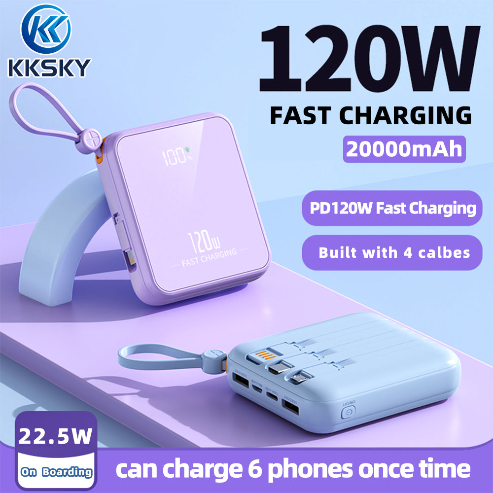 KKSKY 20000mAh Powerbank Original 2.1A Quick Charge Built Within 4 Cables Dual Input & Type c Output Compatible for iphone Smartphones