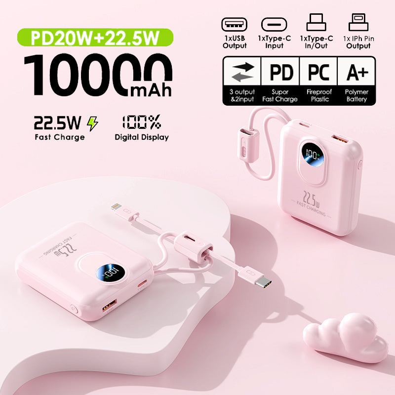 KKSKY PD22.5w Portable Powerbank Fast Charging 10000mah Original 2.1a Quick Charge Dual Input & Usb Output Compatible For Smartphones Built With 2 Cables Type-c/Lighting