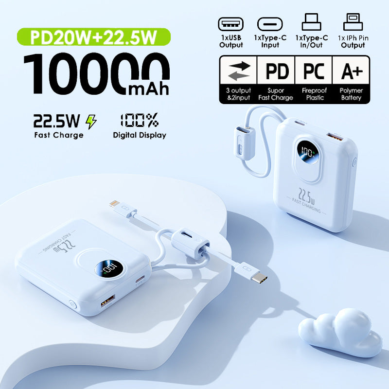KKSKY PD22.5w Portable Powerbank Fast Charging 10000mah Original 2.1a Quick Charge Dual Input & Usb Output Compatible For Smartphones Built With 2 Cables Type-c/Lighting