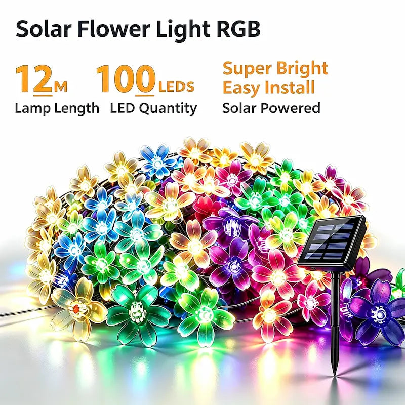 12M 100LEDs RGB colorful solar flower fairy lights,solar outdoor string lights for party,landscape and holiday decoration