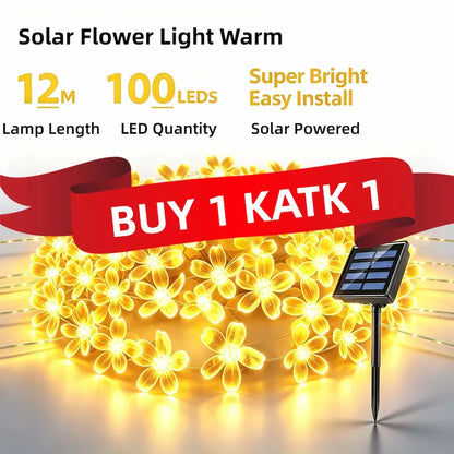 12M 100LEDs warm white solar flower string lights,super bright solar powered fairy lights, easy install outdoor garden decorative lights, buy 1 take 1 promo