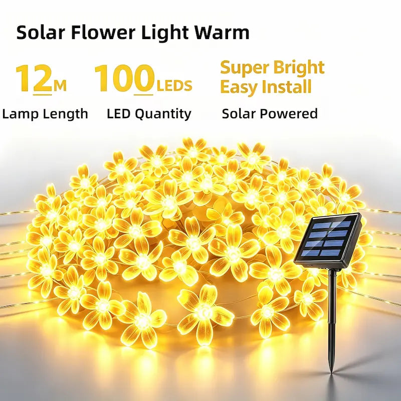 12M 100LEDs warm solar flower fairy lamps, solar powered outdoor decorative string lights for patio, backyard and Christmas decor