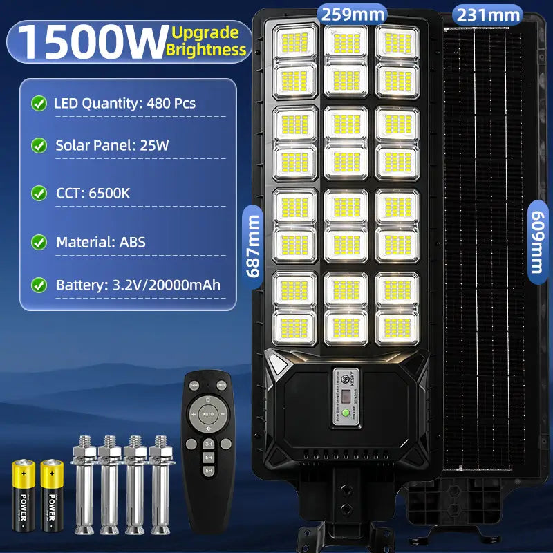 1500W heavy‑duty solar street light full specifications,480pcs LED chips,20000mAh battery, solar panel, remote and installation screw kit