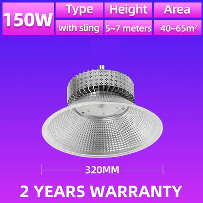 150W LED high bay light dimension specification, mounting height 5‑7 meters coverage 40‑65m² warehouse ceiling light