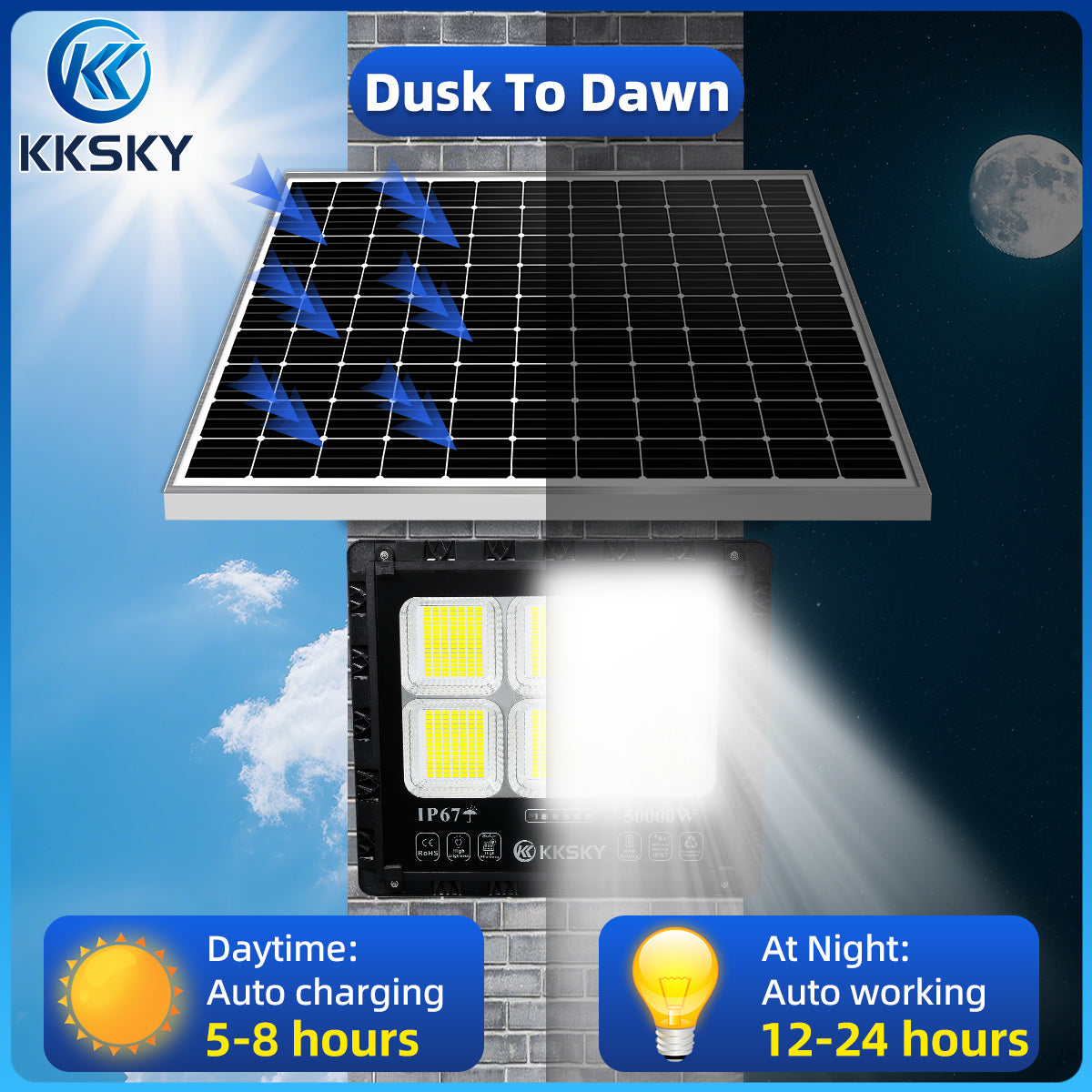 KKSKY Solar Lights Outdoor LED Waterproof IP68 with Panel Solar Street Lamp heavy Duty for garden