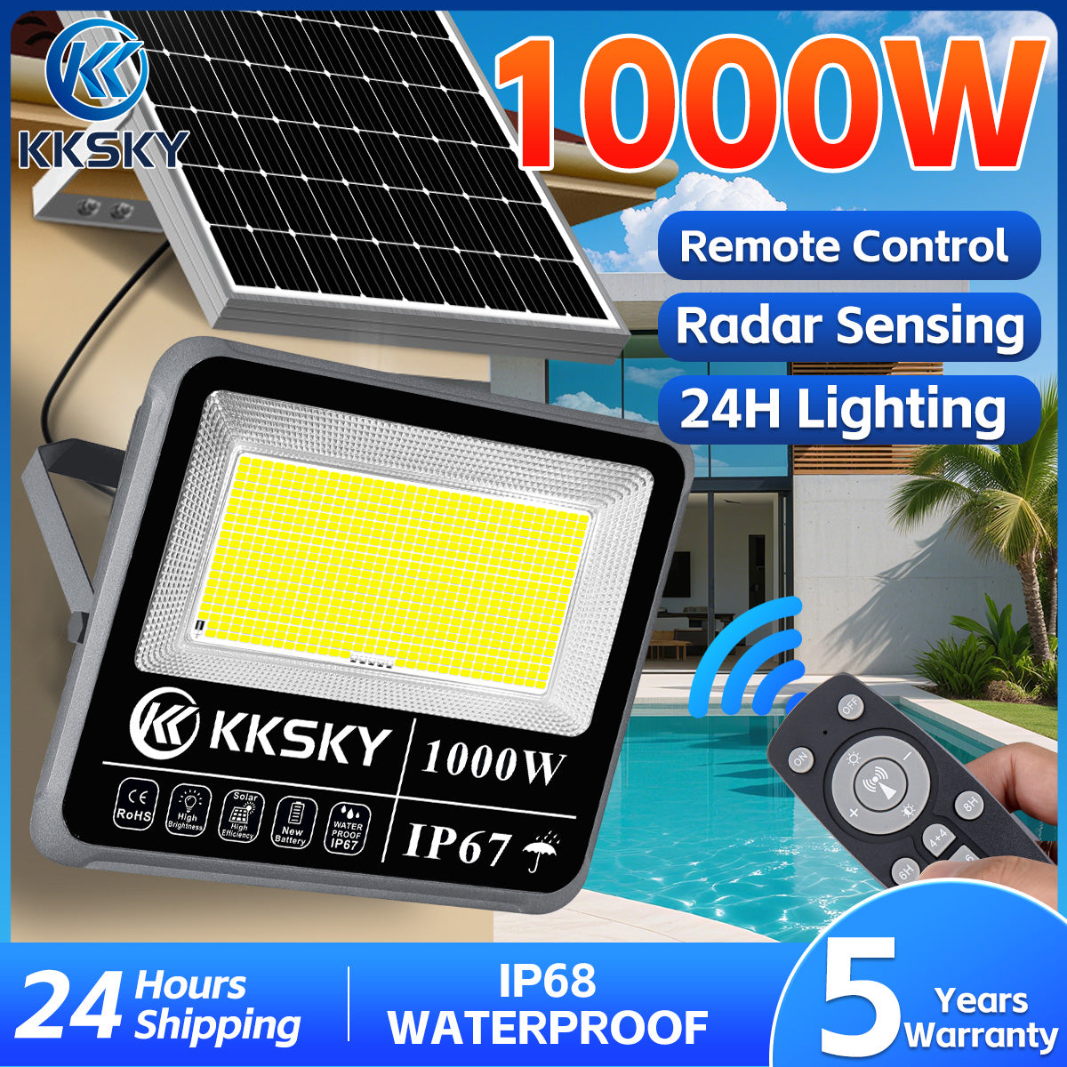 KKSKY original solar lights aluminum heavy duty with solar panel outdoor waterproof IP67 1000 watts