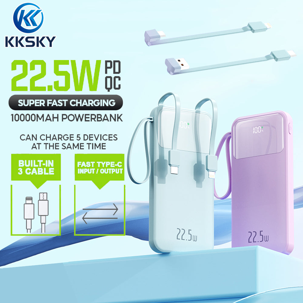 KKSKY 10000mAh Powerbank Built-in Cable Large Screen Digital LED Display Powerbank Slim and Portable Power Bank Original 2 Output Powerbank Built in Type-C and Lightning Cable Compatible With iPhone HUAWEI Samsung Xiaomi OPPO Vivo