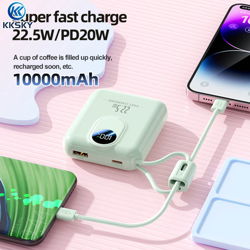 KKSKY PD22.5w Portable Powerbank Fast Charging 10000mah Original 2.1a Quick Charge Dual Input & Usb Output Compatible For Smartphones Built With 2 Cables Type-c/Lighting