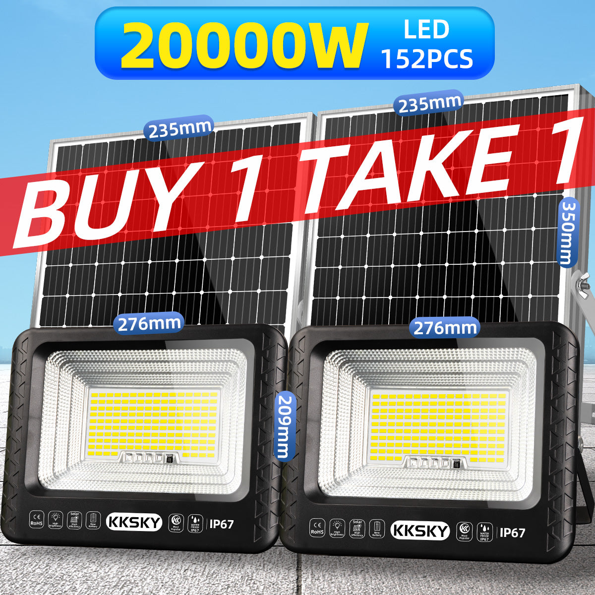 KKSKY Solar LED Flood Light Outdoor Waterproof IP67 Heavy Duty with Solar Panel Buy 1 Take 1 Street Lamp for Garden Yard Street Patio